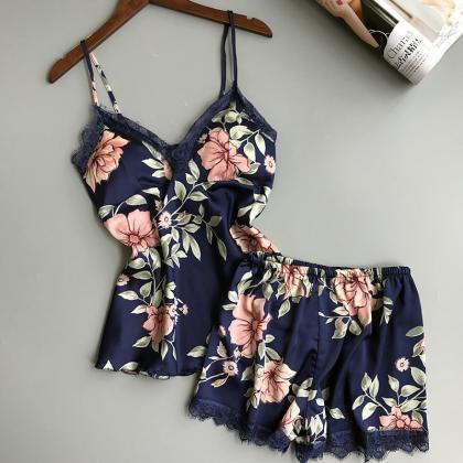Women Silk Pajama Set Fashion Print Suspenders And..