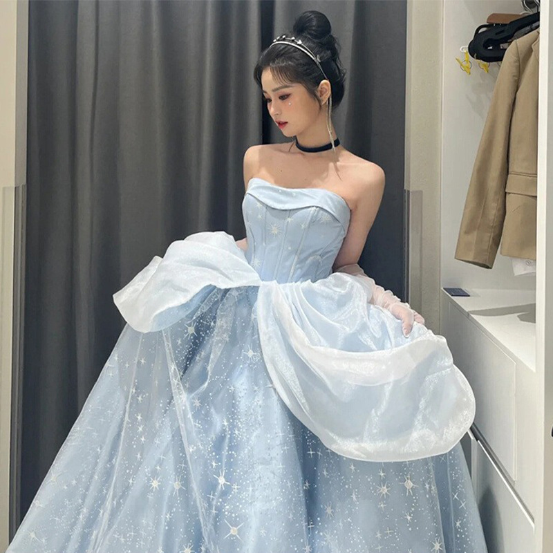 strapless open back dress Blue Tulle A Line Sequin Long Prom Dress, Blue Tulle Formal Dress US 12 / Dark Blue main image 0