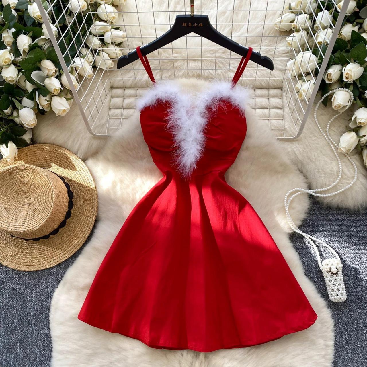 Faux Fur Trim Red Satin Party Dress