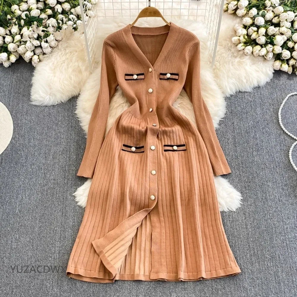 Cozy Long-sleeve Button-down Knit Midi Dress