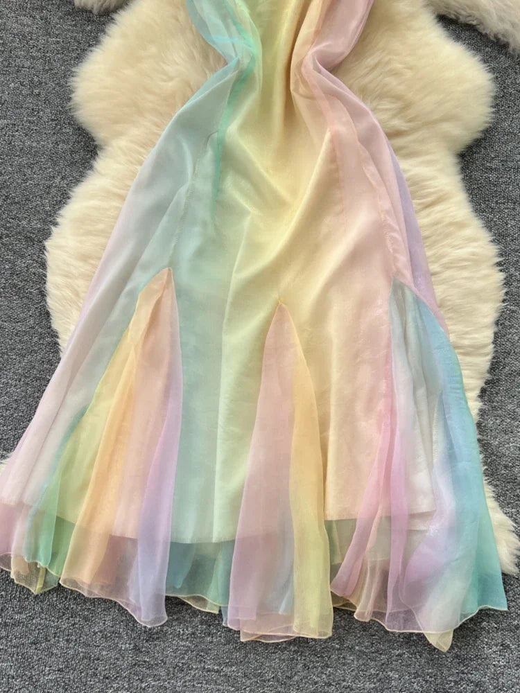 pastel rainbow chiffon dress Pastel Rainbow Chiffon Midi Dress with Floral Beaded Bodice Pastel Rainbow / Floor Length / Custom Size