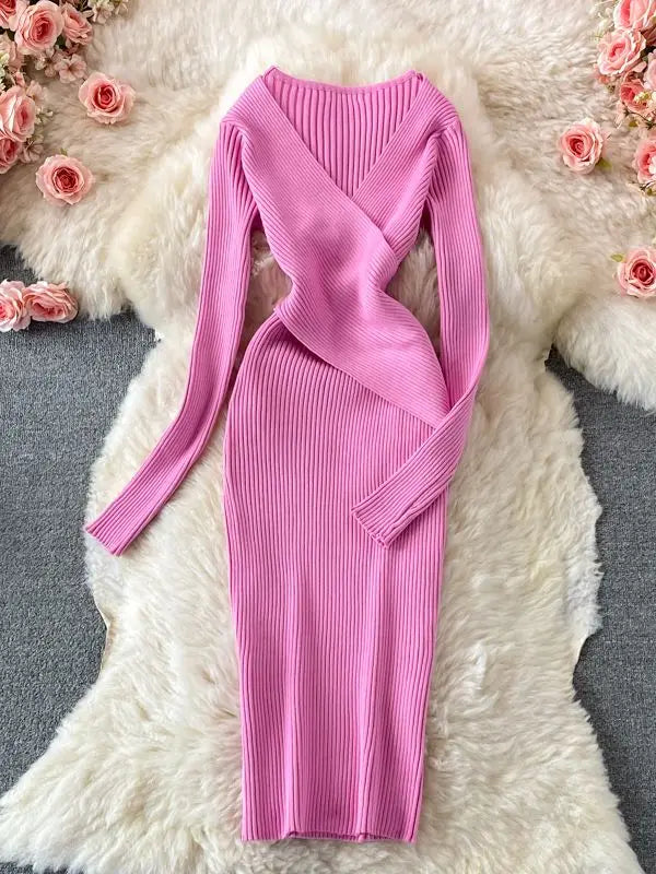 Pink Ribbed Knit Long Sleeve Wrap Dress on Luulla