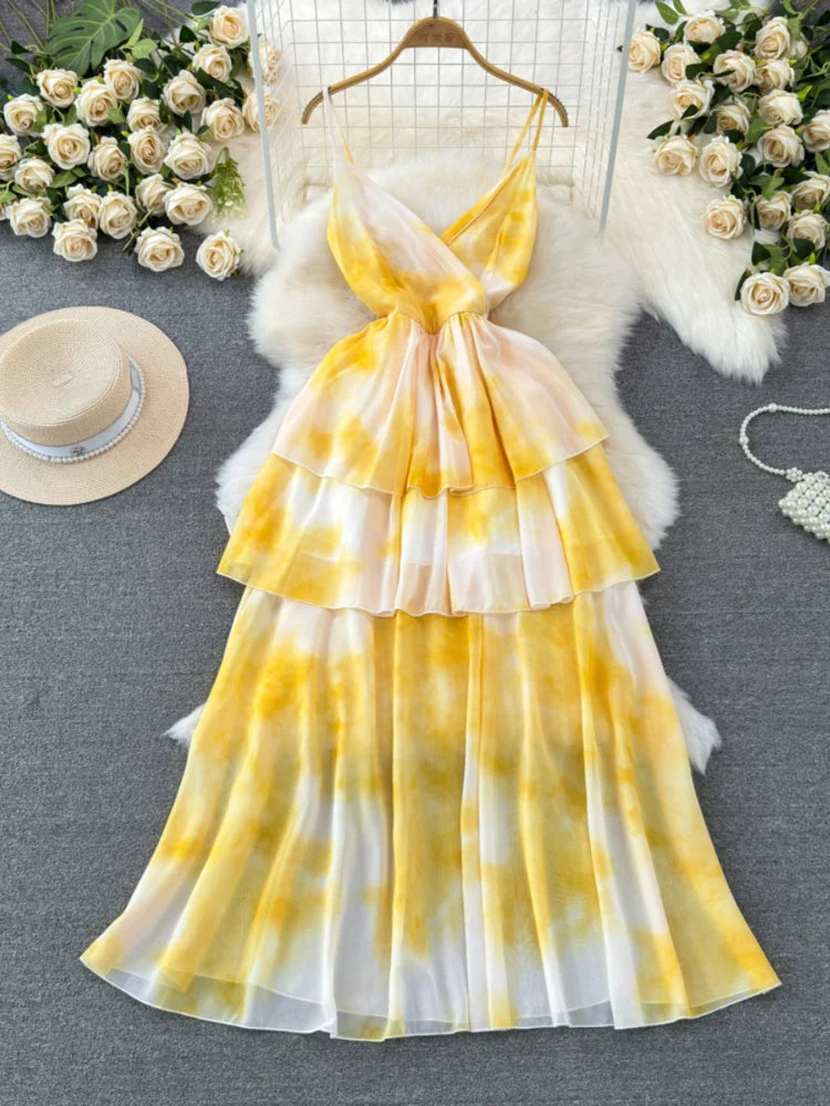 knee length dresses for ladies Yellow Layered Tulle Long Prom Dresses with Belt, Yellow Formal Evenin –  Lwt Dress main image 0