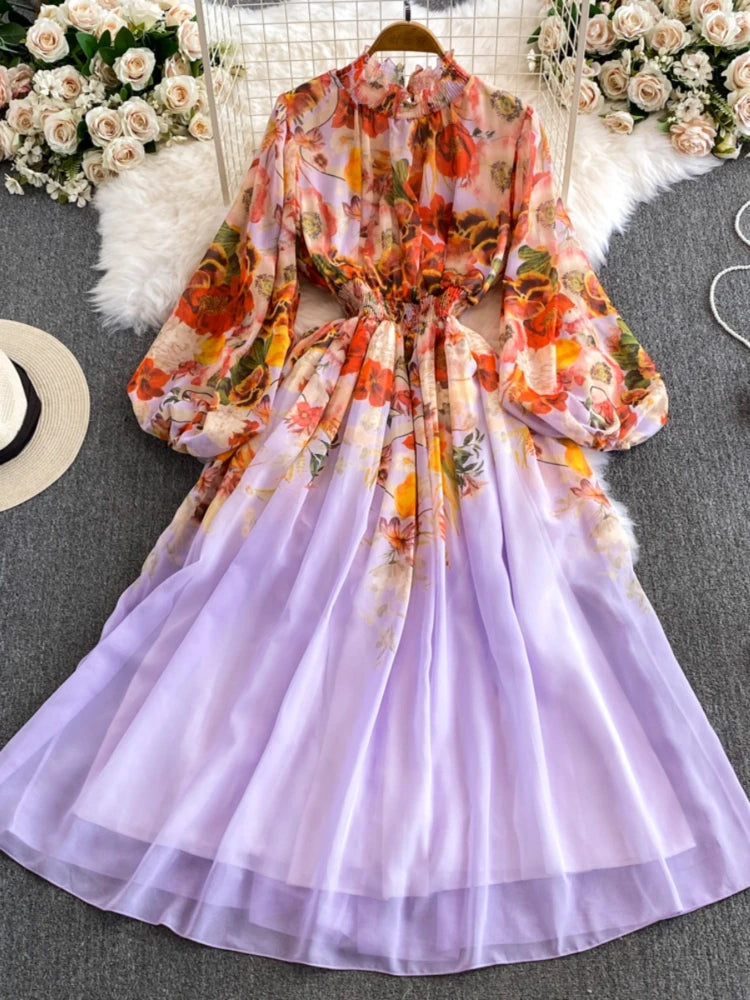 chiffon balloon sleeve dress ASOS EDITION Curve chiffon raw edge ruffle maxi dress with balloon sleeve  in mixed floral print
