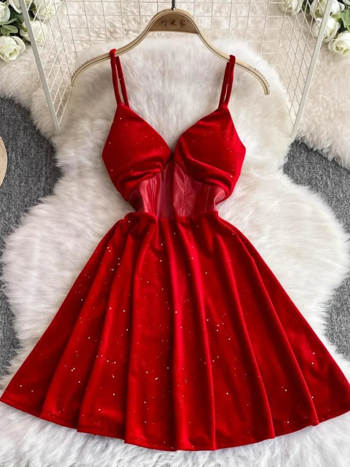 red dress with sparkles LaDivine S544 Prom Fitted Slit Long Beaded Formal Spaghetti Straps Neckline Sleeves Dixie Mini Dress - Red