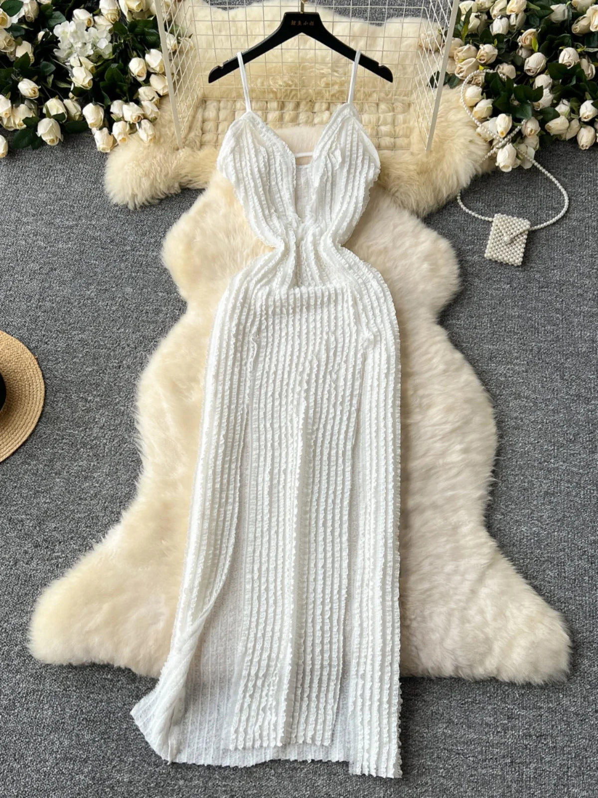 Sleeveless White Knit Bodycon Dress With