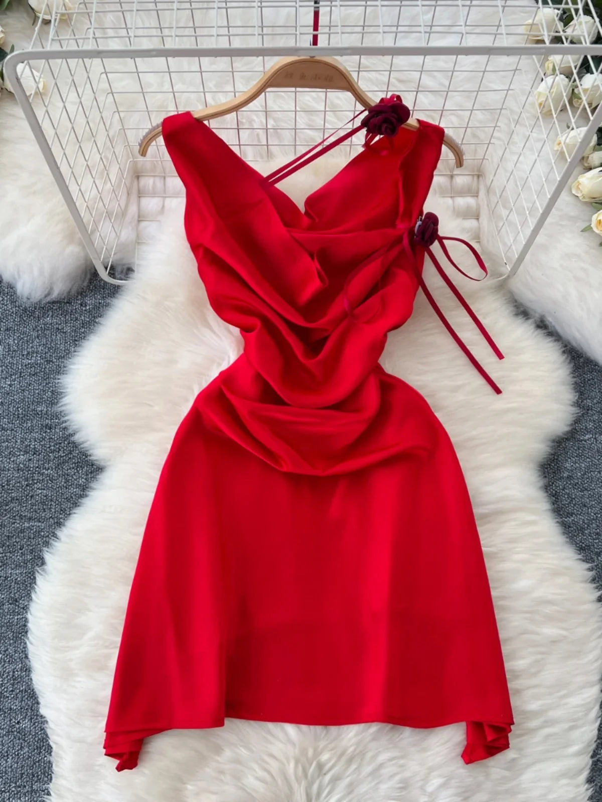 red satin ruched mini dress short red satin dress Ruched Short A-line Satin Dress by Poly USA 9248   ABC Fashion