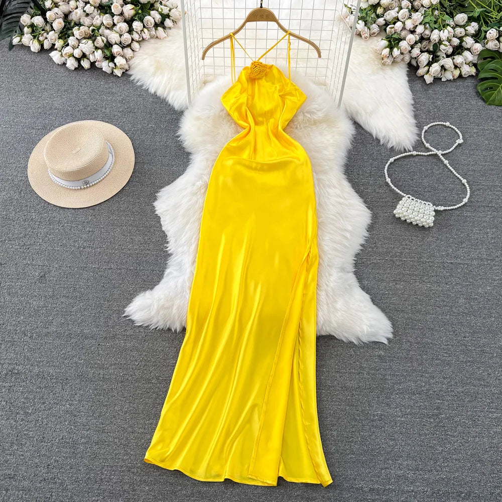 Vibrant Yellow Satin Halter Neck Maxi Dress