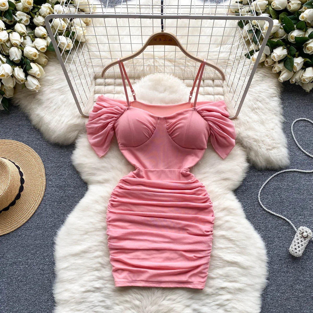 ruched pink bodycon dress Stacey Ruched Pink Mini Dress - US 4