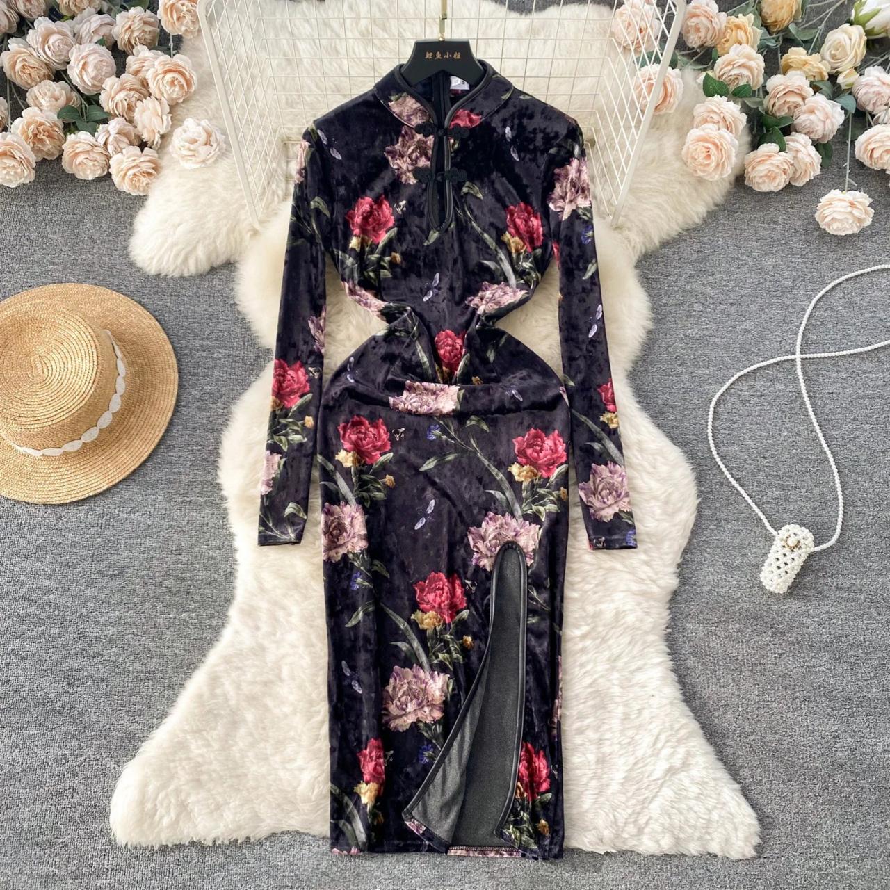 white christmas dresses Black Floral Long Sleeve Peekaboo Dress – Fashion Rx main image 0