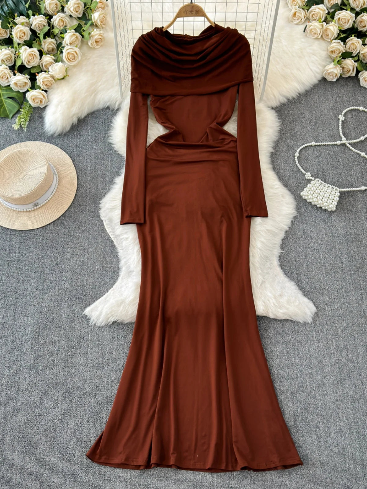 chinese dress ladies Blythia Brown Round-Neck Maxi Dress With Gathered-Detailing – Club L London main image 1