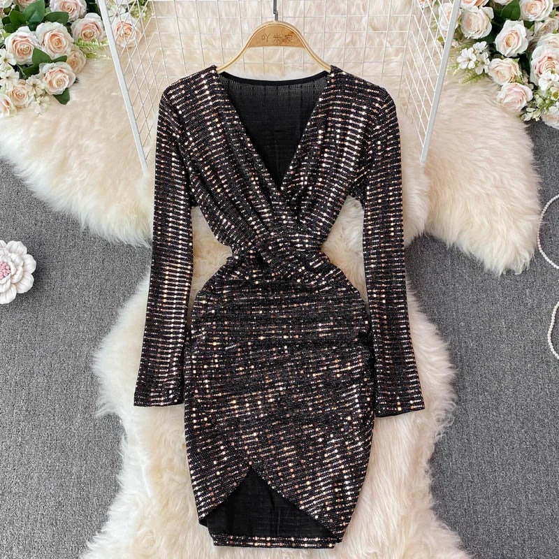 Sequin Long-sleeve Wrap Dress For Evening Parties on Luulla