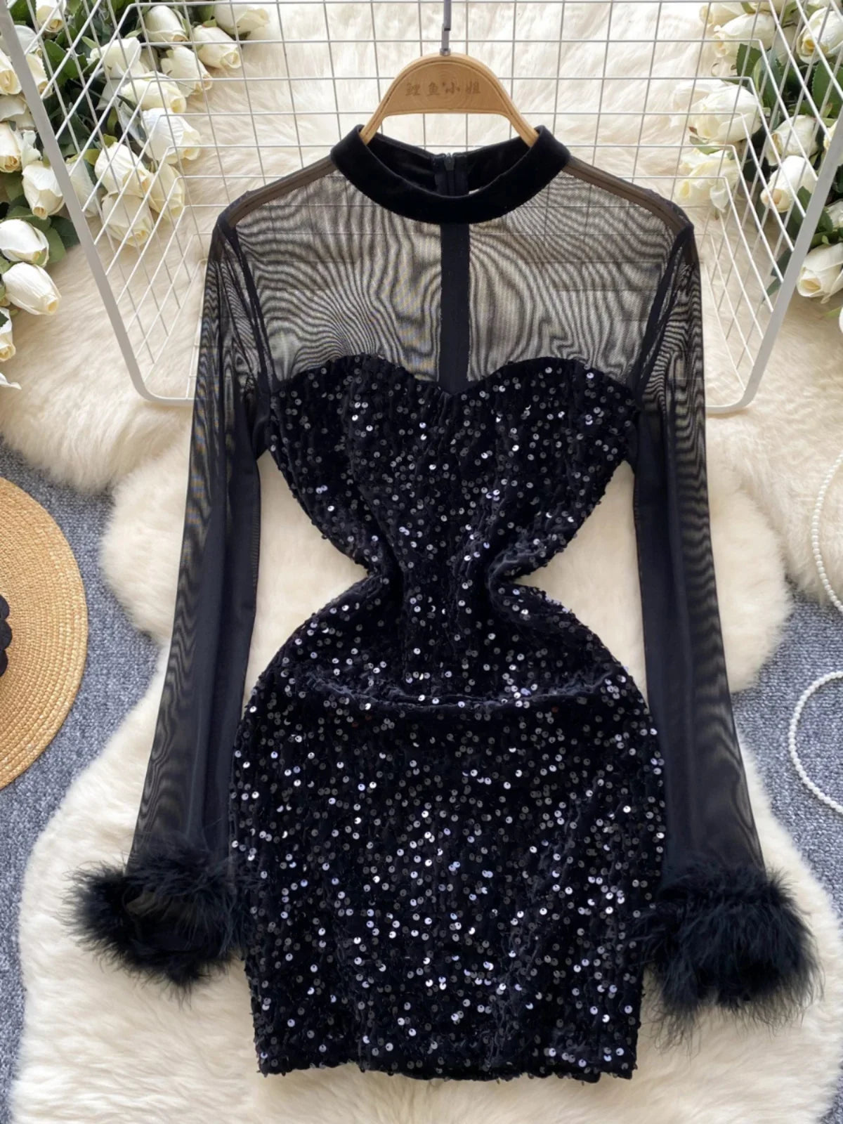 blue dress for baby girl Imani Sheer Sequin Mini w/Feather Trim- Black – Moda Glam Boutique main image 0