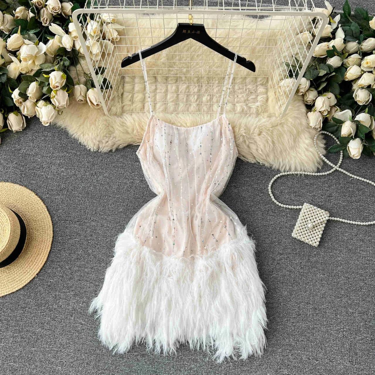 White Sequin Feather Trim Midi Party Dress