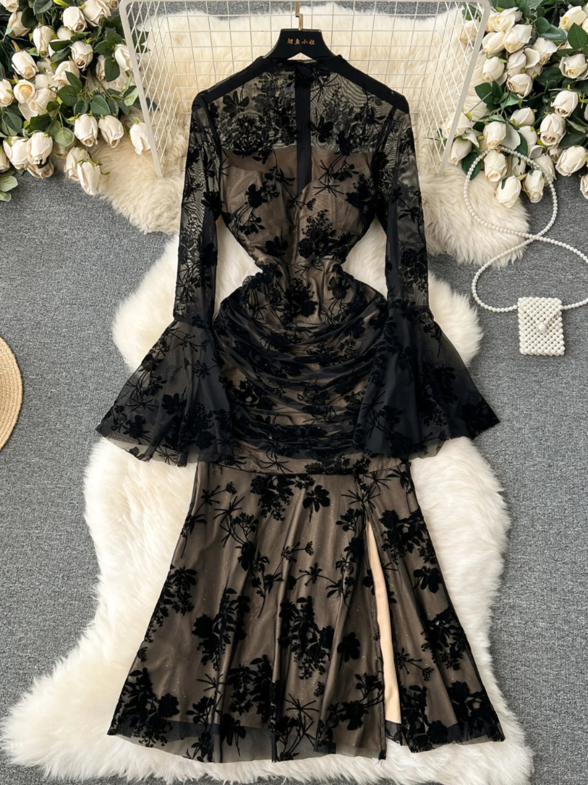 mesh high slit dress TALK ABOUT IT HIGH SLIT RHINESTONE MESH MAXI DRESS – AKIRA main image 1