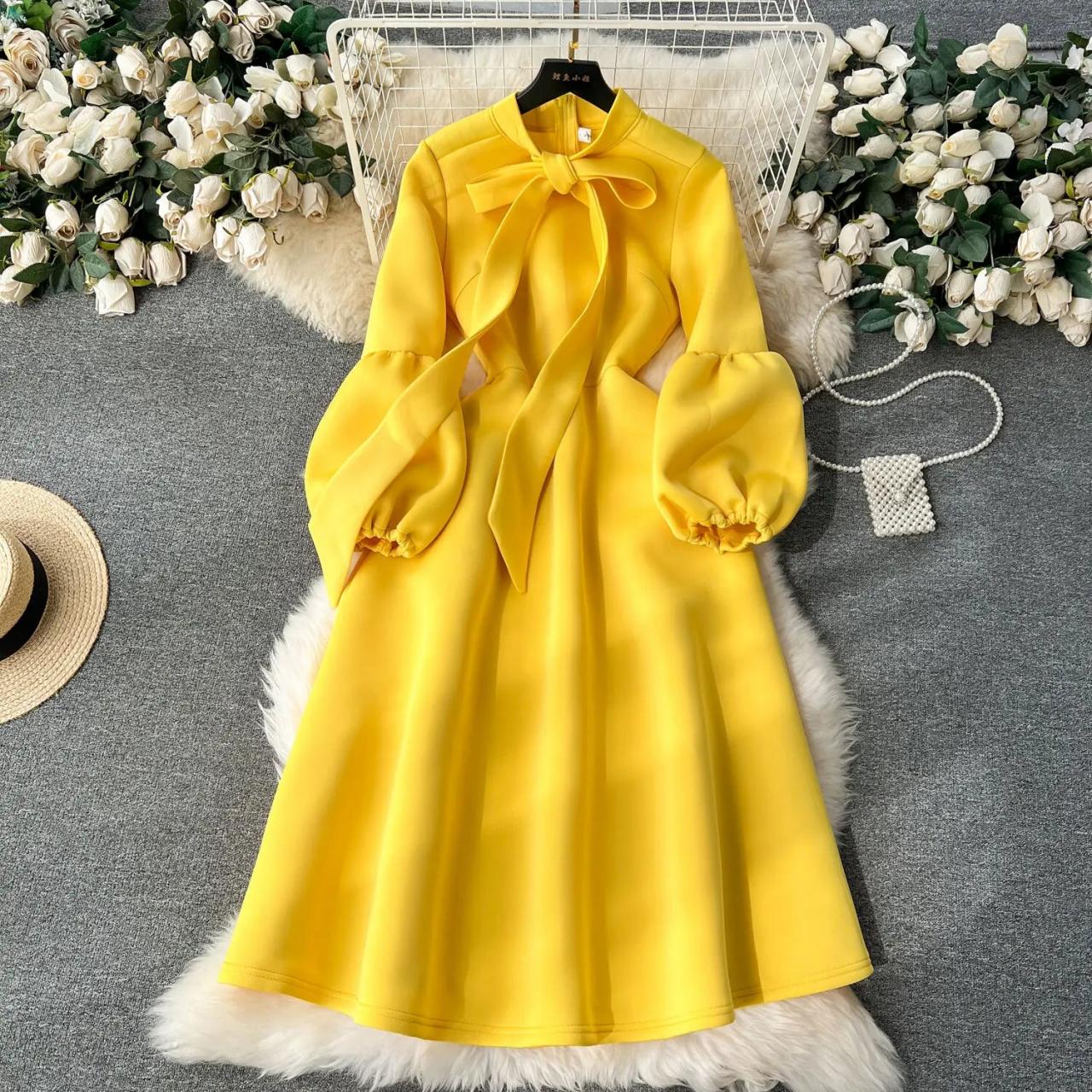 knee length dresses for ladies Berylove Women Yellow Long Sleeve Work Dress Sheath Midi Business Casual Dress with Ruffles, Yellow / US8 main image 1