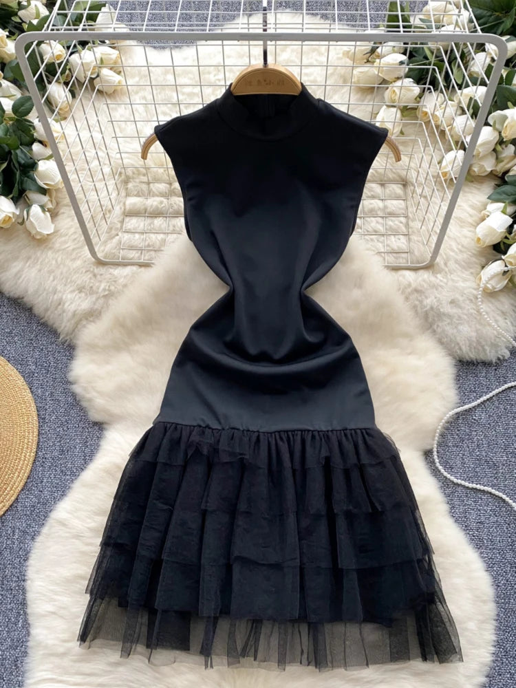elegant sleeveless ruffle hem mini dress Swing It Double Layer Hem Mini Dress Black main image 1