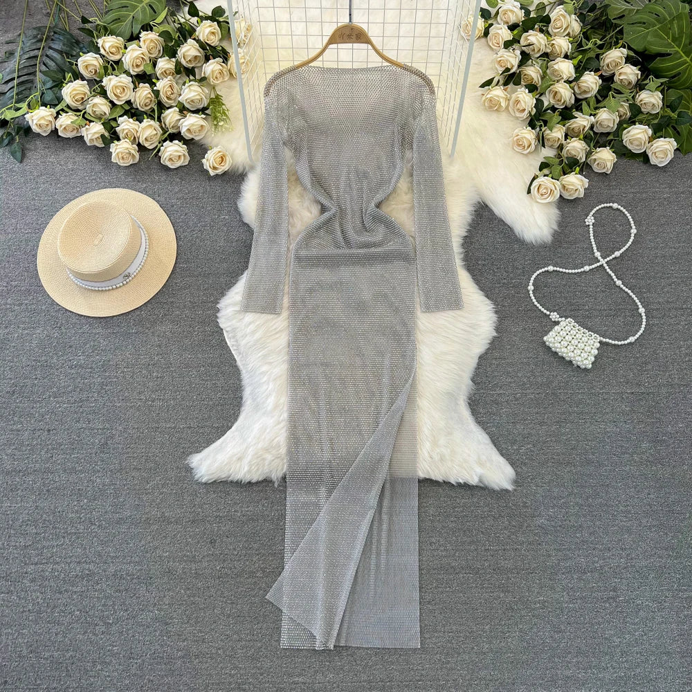 Sleek Gray Long-Sleeve Maxi Dress for Women