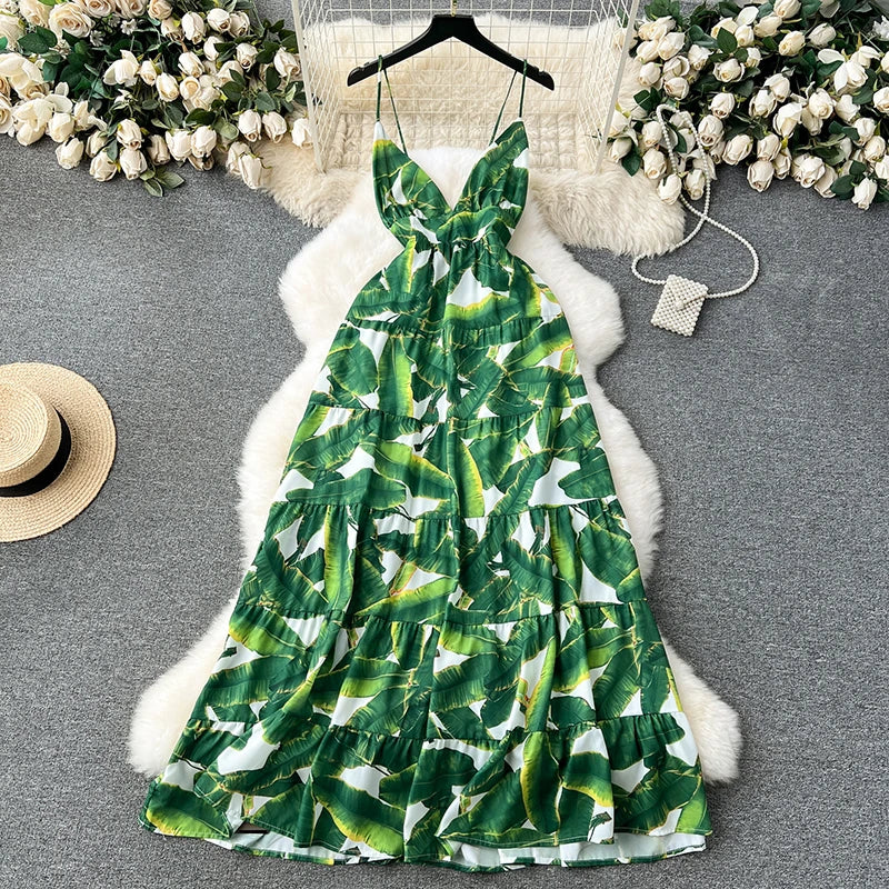 Tropical Leaf Print Maxi Dress With Straps