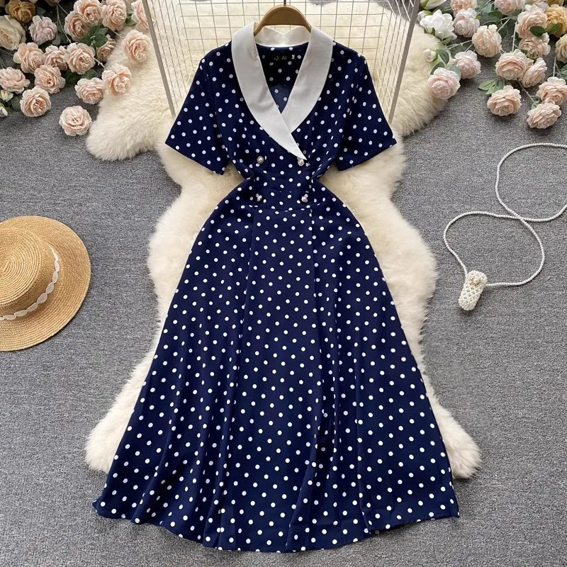 Polka Dot Navy Wrap Dress With Collar