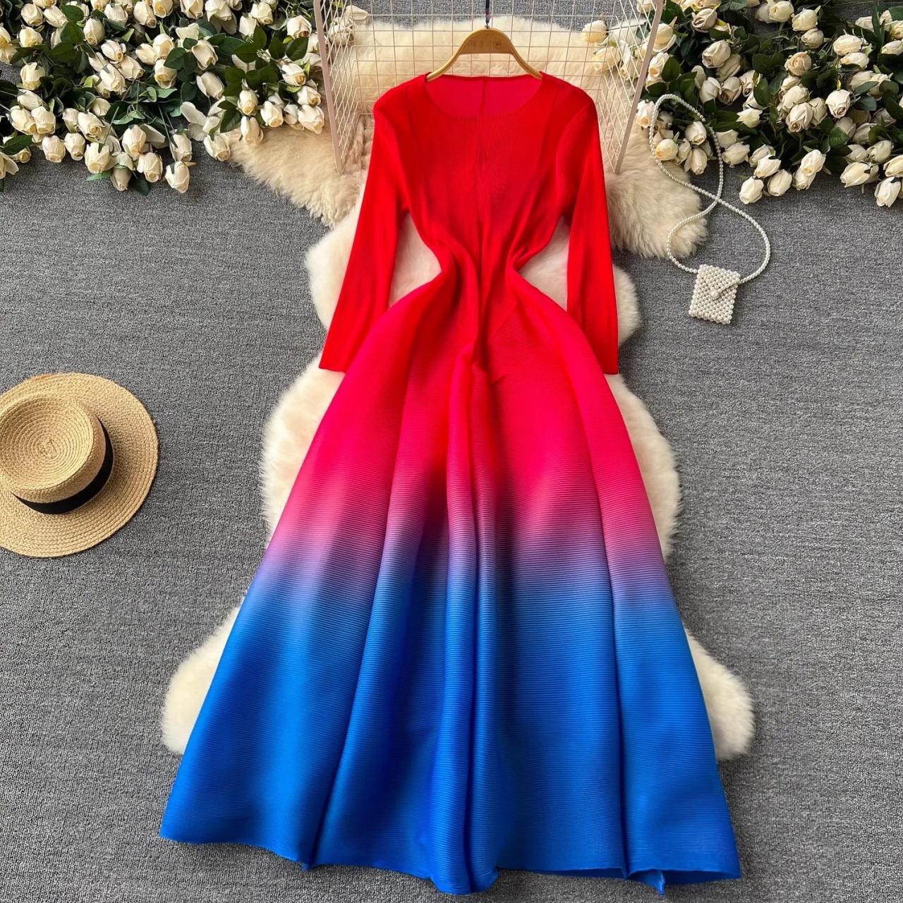 Vibrant Gradient Long-sleeve Red-blue Maxi Dress