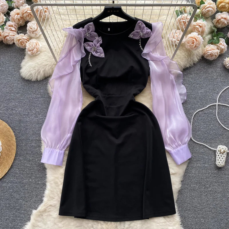 black dress with purple accents Round Neck Short Black Lace Prom Dresses, Cute Short Lace Formal Gradu –  jbydress main image 1