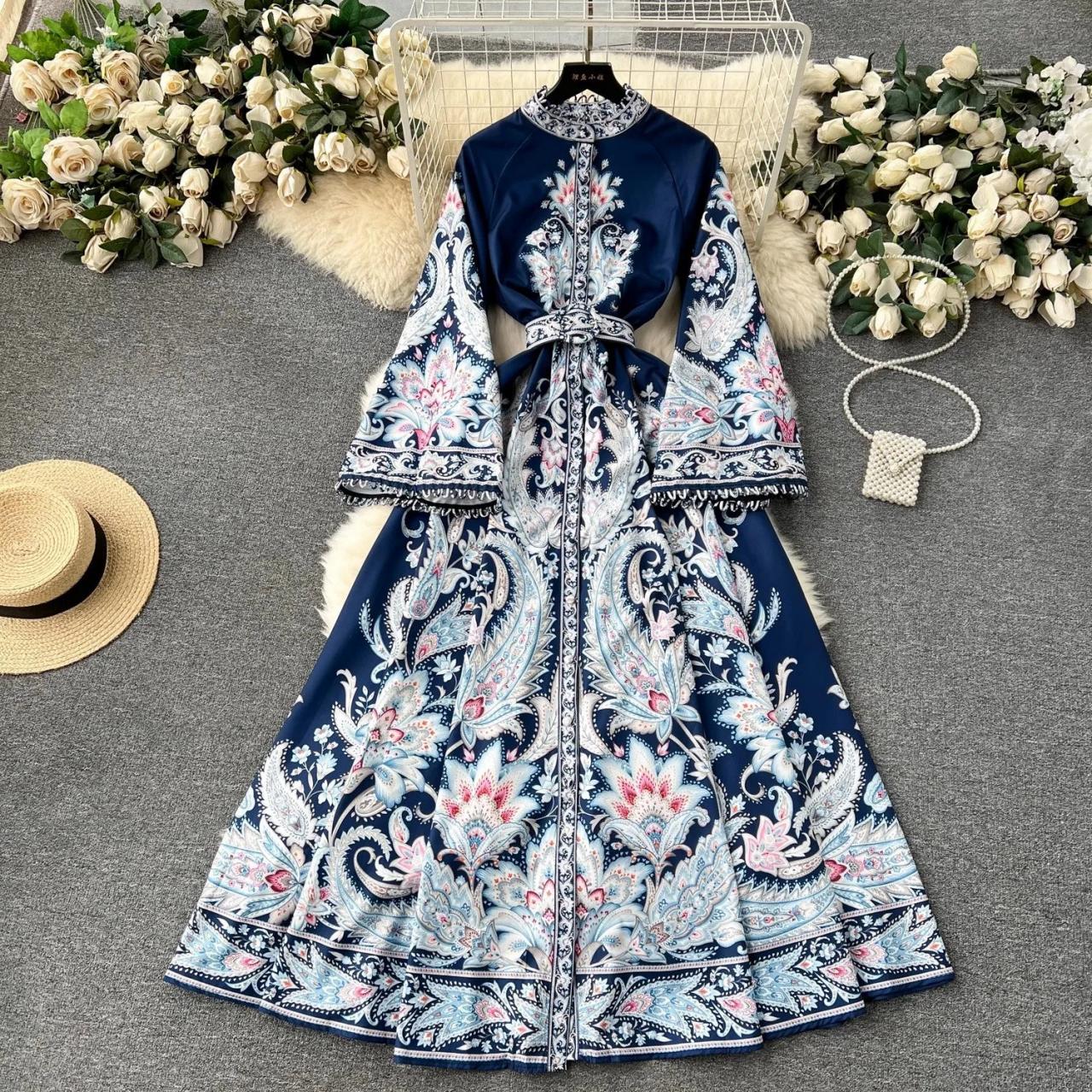 Vintage Long Sleeve Floral Embroidered Maxi Dress