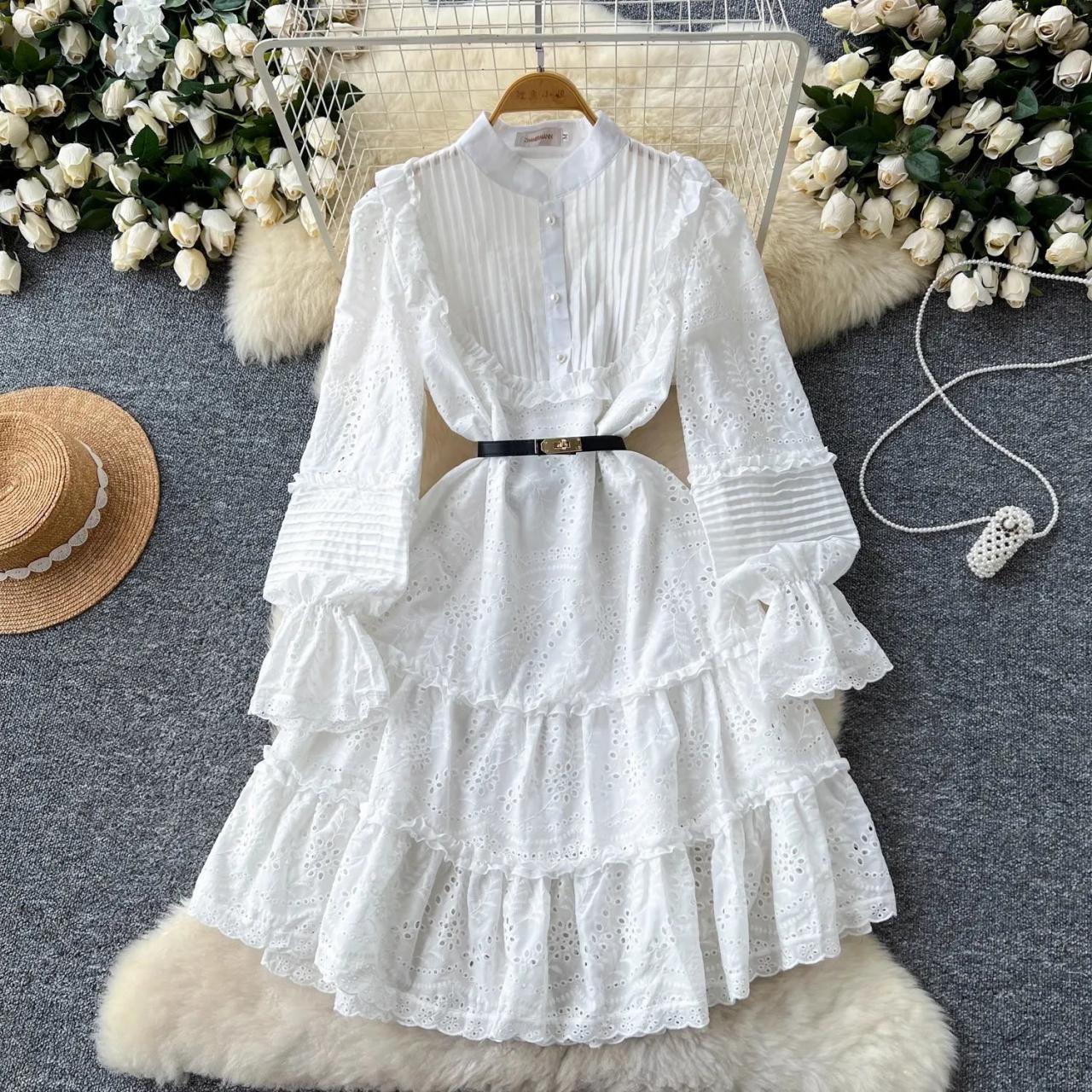 White Lace Long Sleeve Ruffle Belted Dress on Luulla