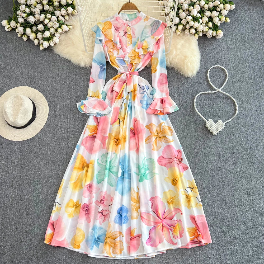 Floral Pastel Long-sleeve Maxi Dress With Bow