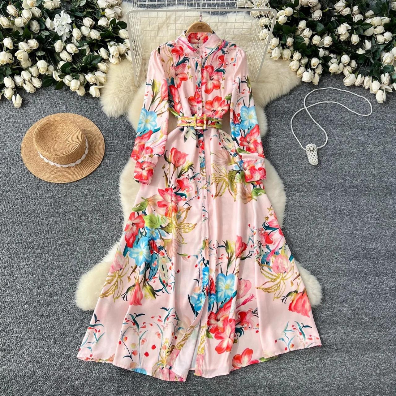 Vibrant Floral Maxi Dress with Button-Up Front