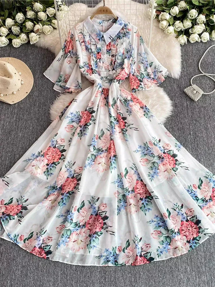 Floral Chiffon Dress with Collar and Sleeves