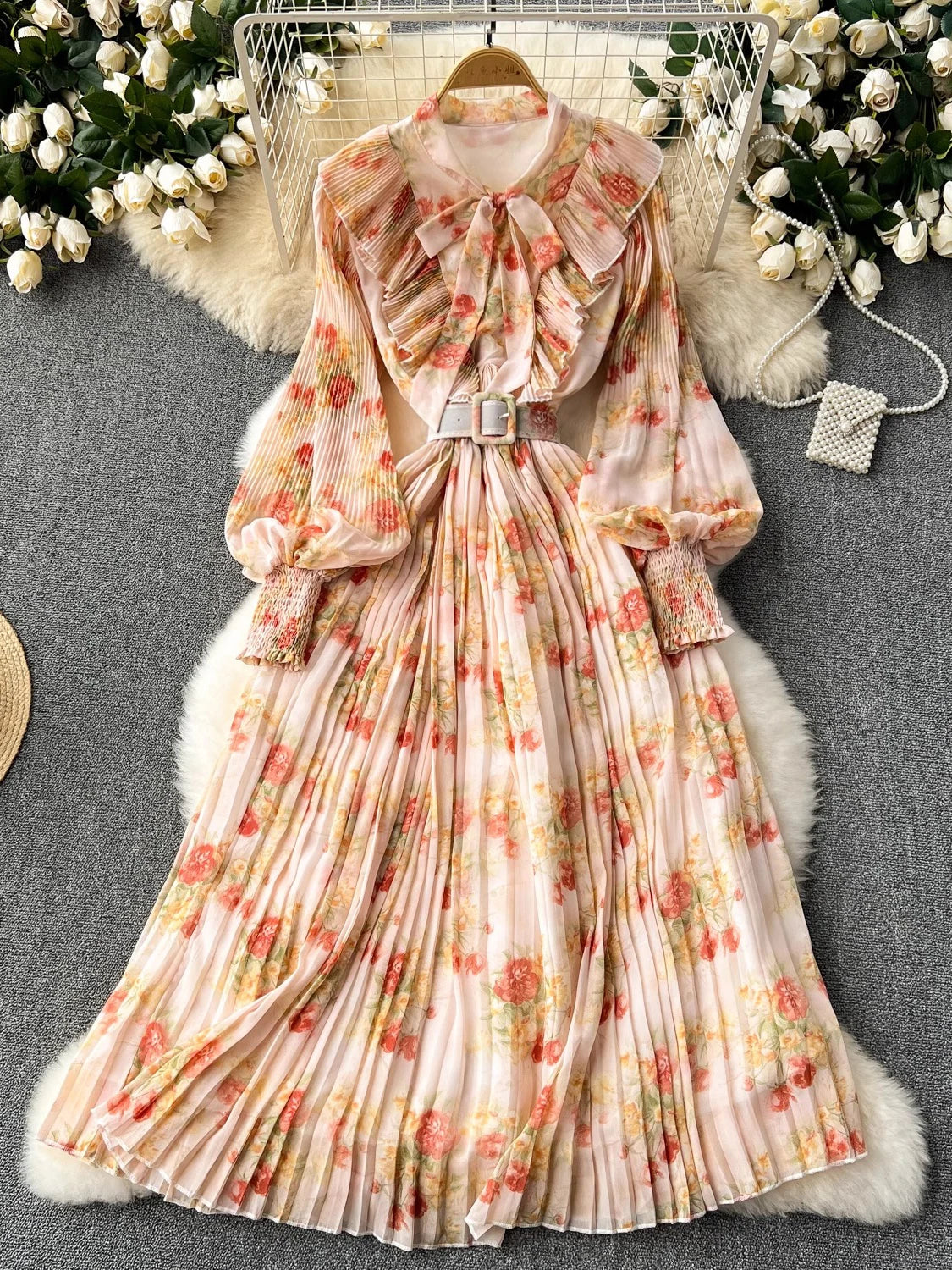 Floral Long Sleeve Belted Pleated Maxi Dress