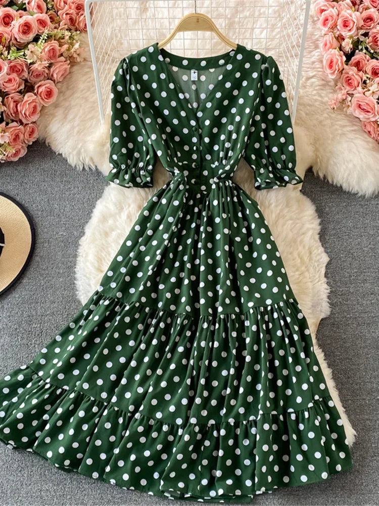Green Polka Dot Dress With Ruffle Design