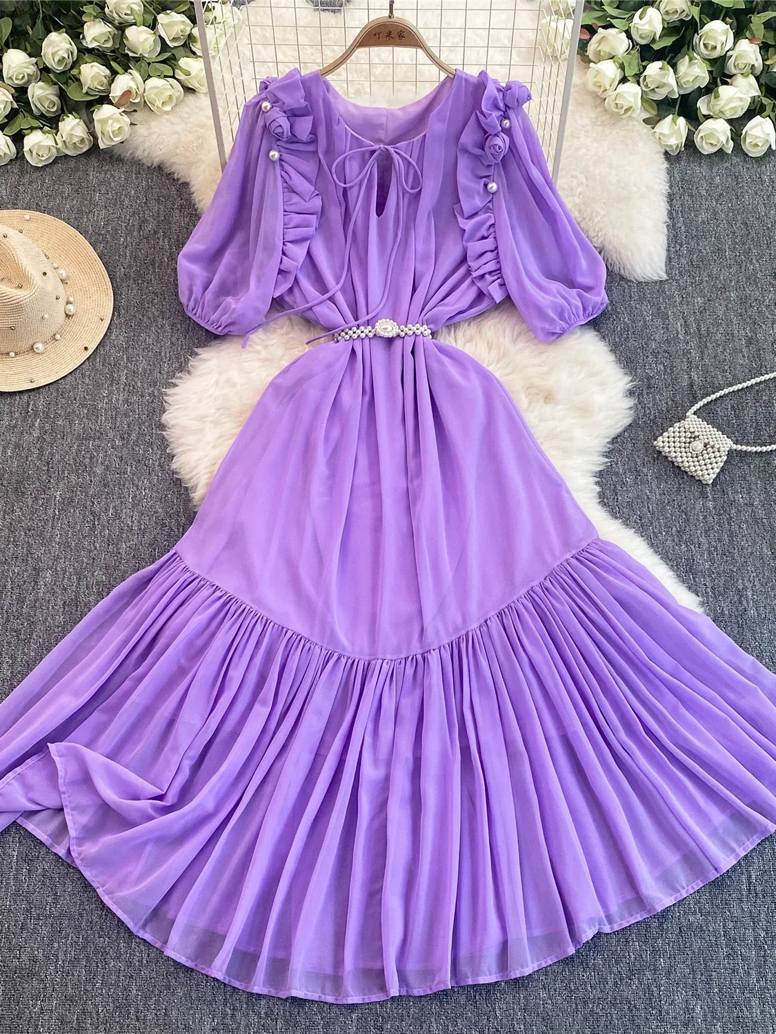 lavender chiffon dress with sleeves Solid Off-the-shoulder Lantern Sleeves Chiffon Long Dress