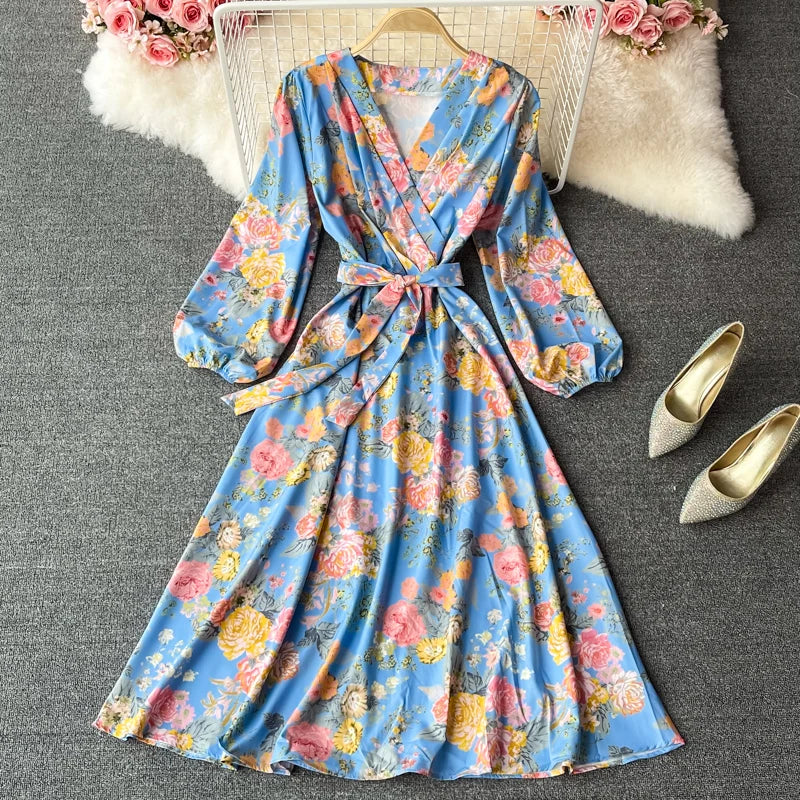 Floral V-neck Long Sleeve Belted Maxi Dress on Luulla