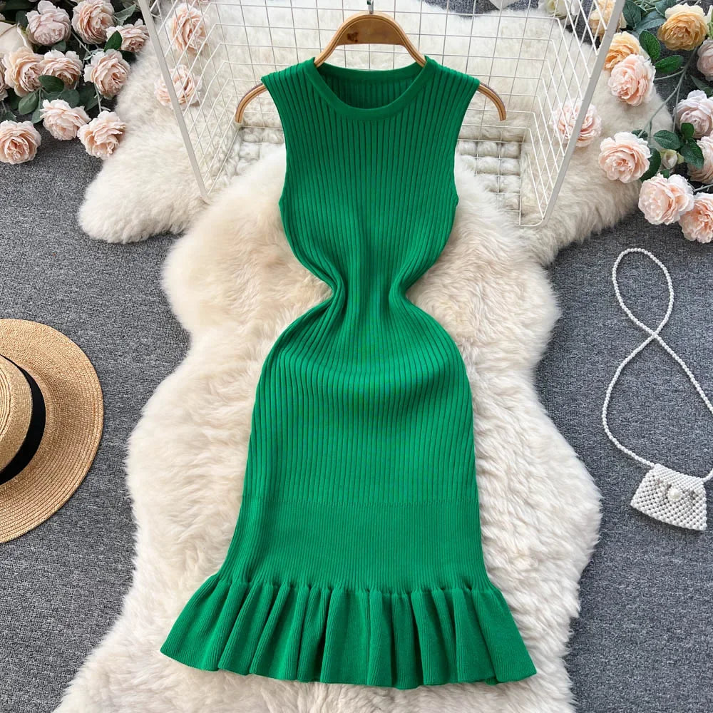 Sleeveless Green Ribbed Knit Ruffled Hem Dress