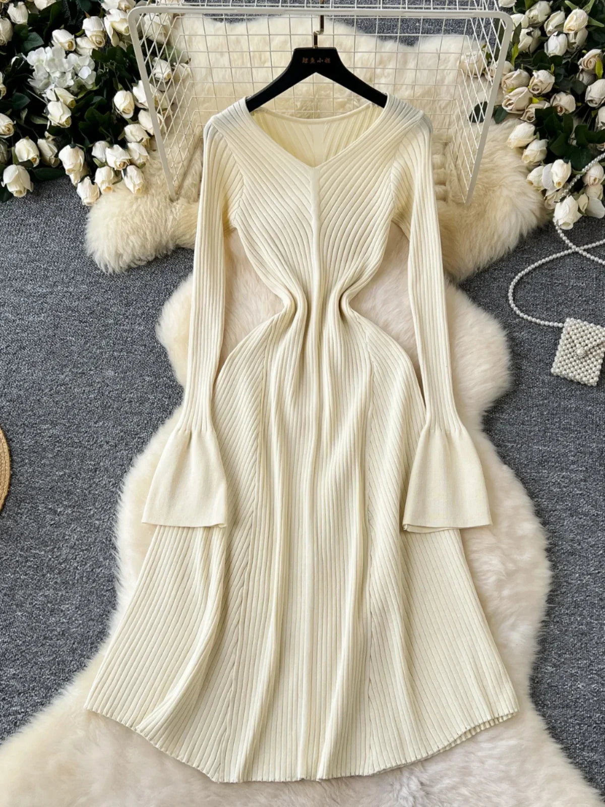 Cozy Ribbed Knit Dress With Bell Sleeves
