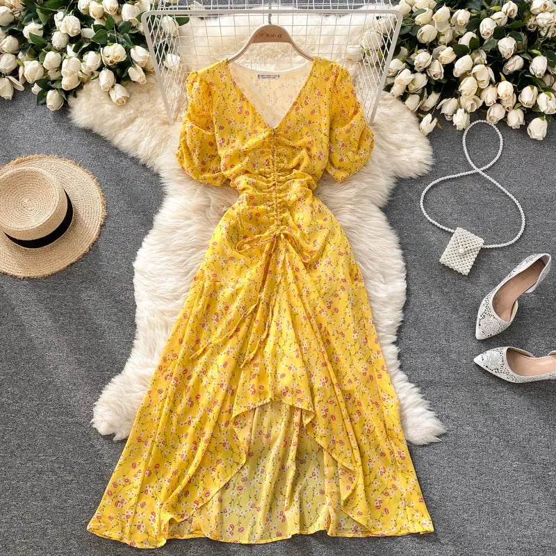 Floral Yellow V-neck High-low Summer Dress
