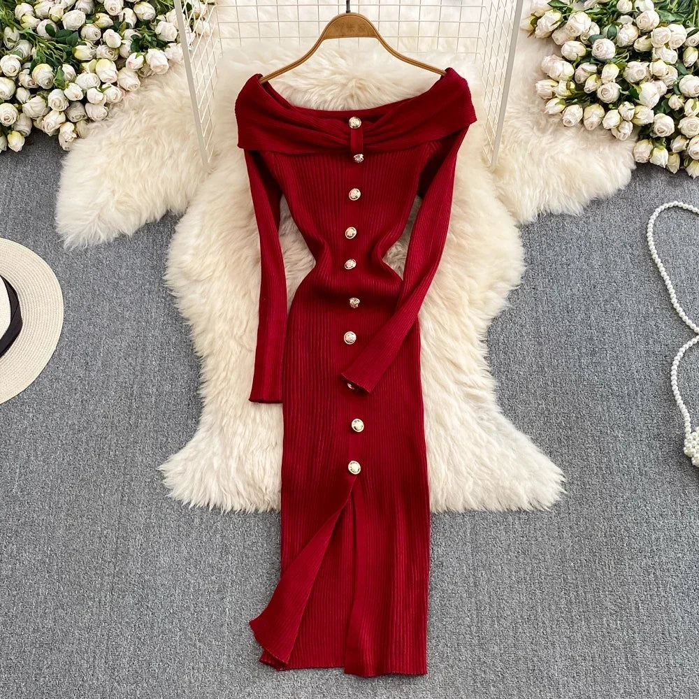 Red Off-shoulder Buttoned Knitted Midi Dress