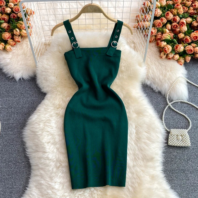 Green Sleeveless Bodycon Dress With Ring Details