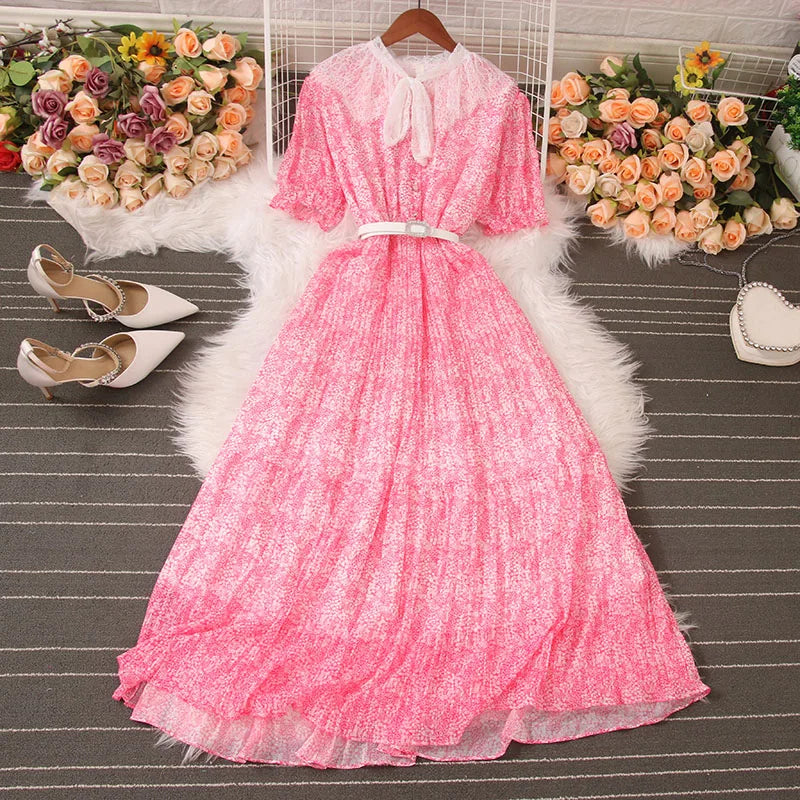 Floral Pink Lace Dress With White Belt