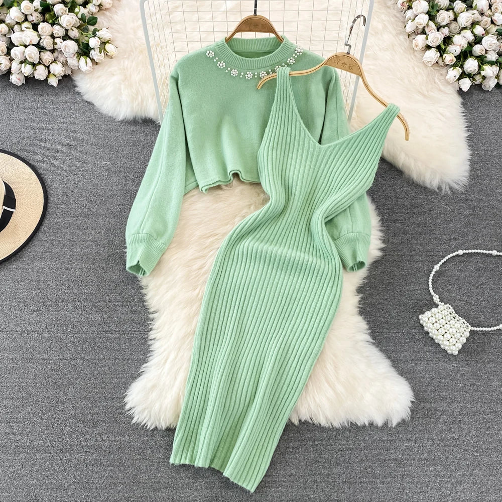 Mint Green Knit Dress And Sweater Combo