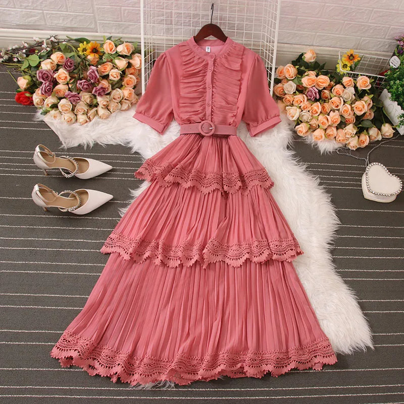 Pleated Layered Dress With Lace And Belt