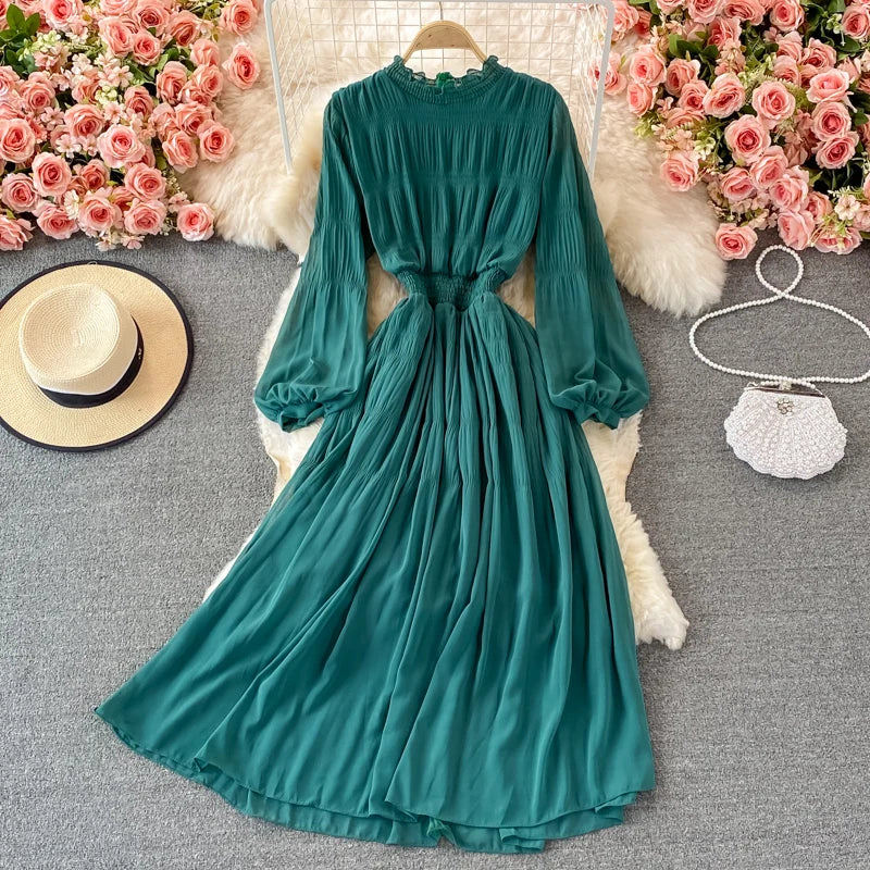 emerald green long sleeve pleated midi dress Womens Pleated Midi Knit Sweater Dress with Crewneck, Long Batwing Sleeves,  Elegant Green Winter Dress with Belt at Amazon Women's Clothing store