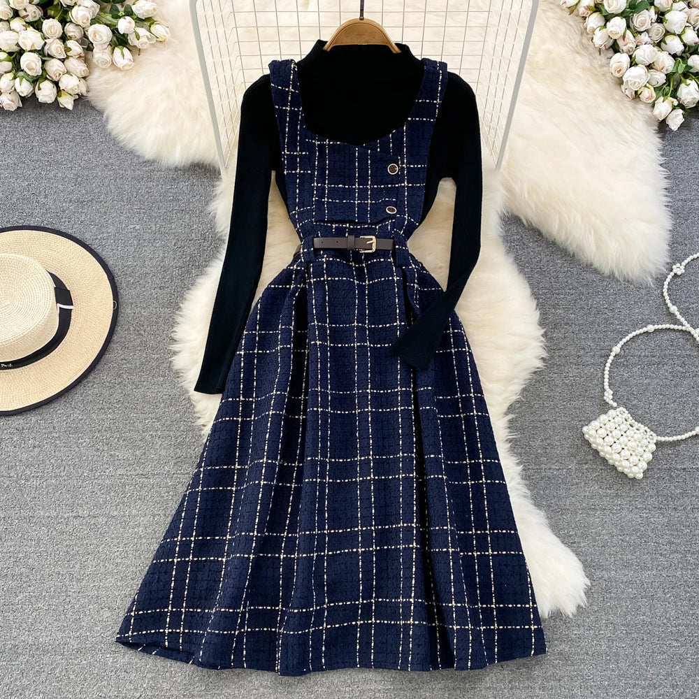 Plaid Pinafore Dress With Belt And Top