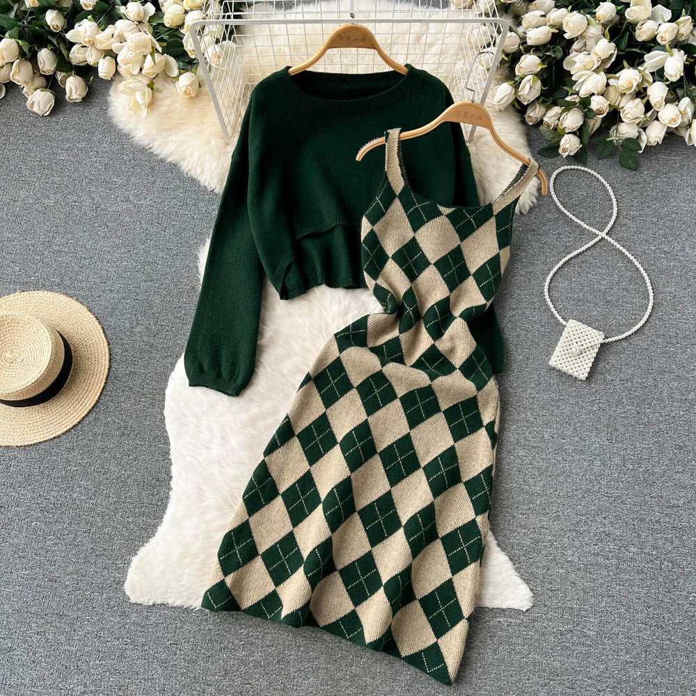 Cozy Checkered Knit Dress With Sweater Layer