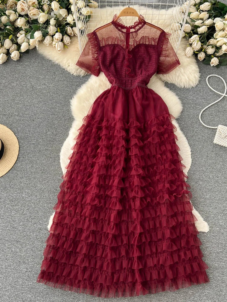 Romantic Burgundy Layered Ruffle Maxi Dress
