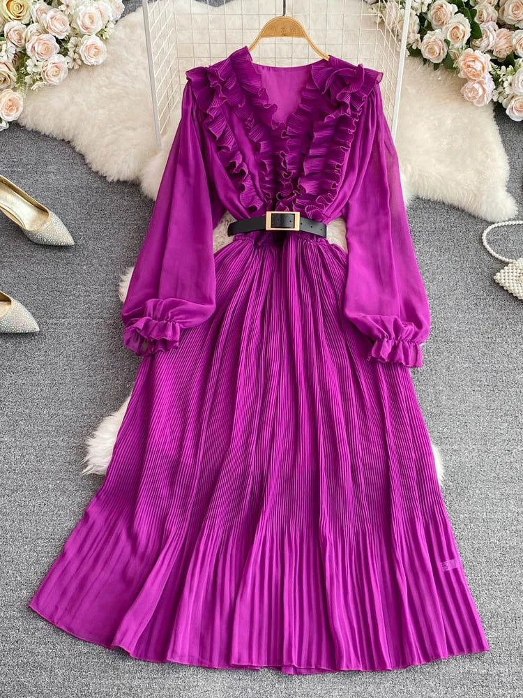 Ruffled V-neck Long Sleeve Belted Purple Dress on Luulla