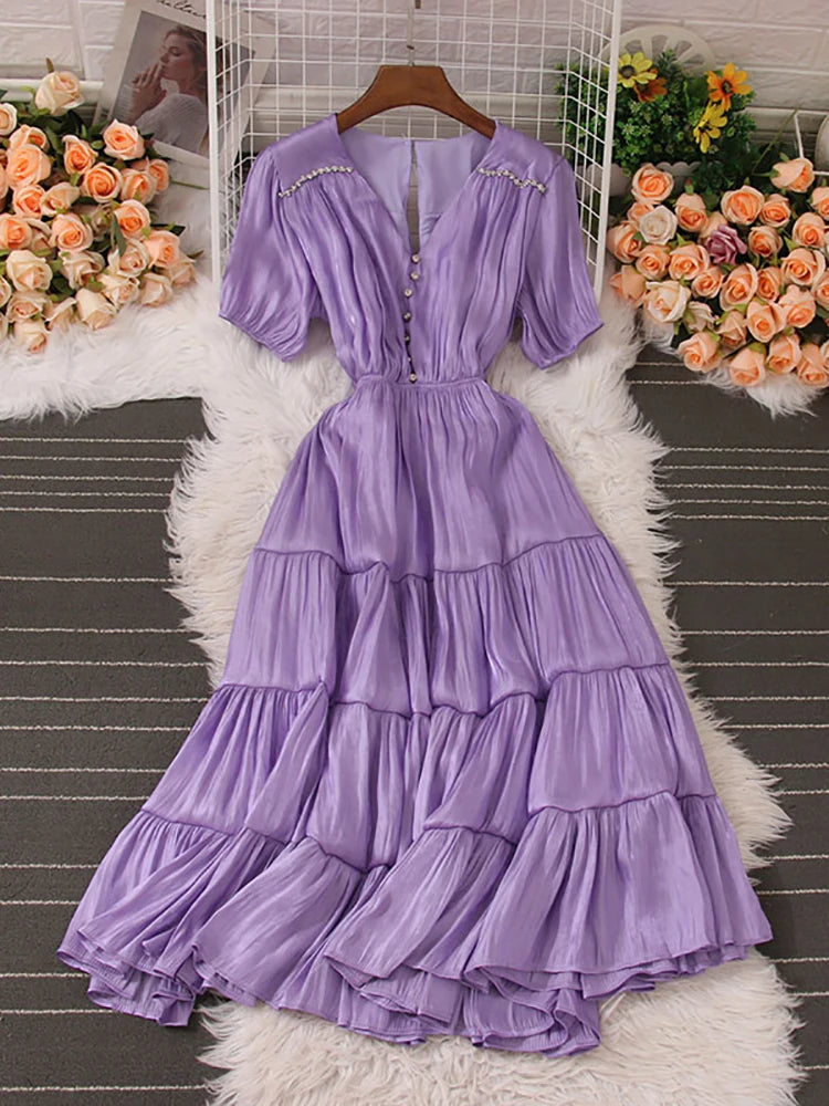 Lavender Tiered Maxi Dress With Pearl Buttons on Luulla