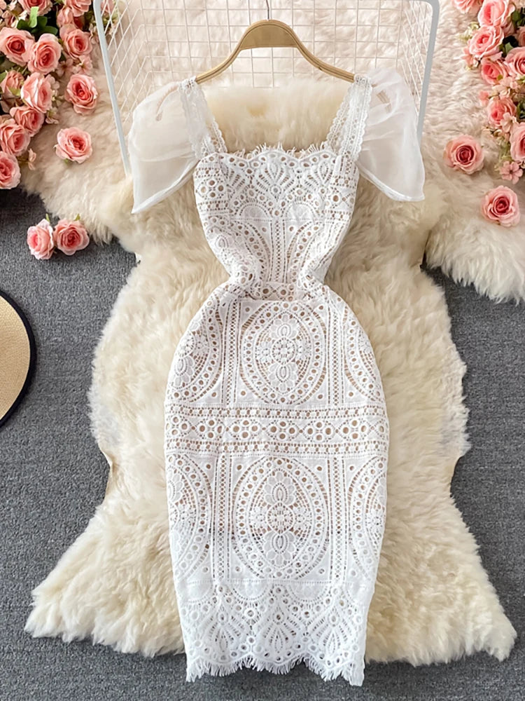 knee length dresses for ladies Elegant Off Shoulder White Lace Tie-Up Ruffle Maxi Dress main image 1